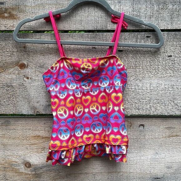 Kid's Multicolor Peace Heart Allover Print Sleeveless Swimwear Size 10/12 - Picture 1 of 5